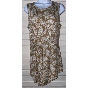 Alfani Sz MEDIUM Knit Tunic Khaki White Palms Print Twist Front Sleeveless EUC